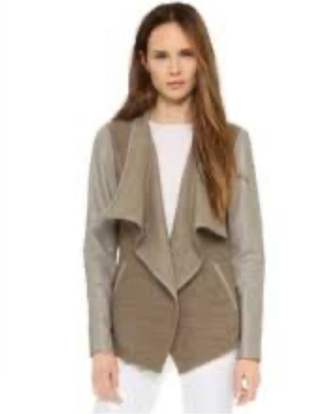 Vince Fawn Beige Mixed-Media Draped Jacket lamb leather sleeves M